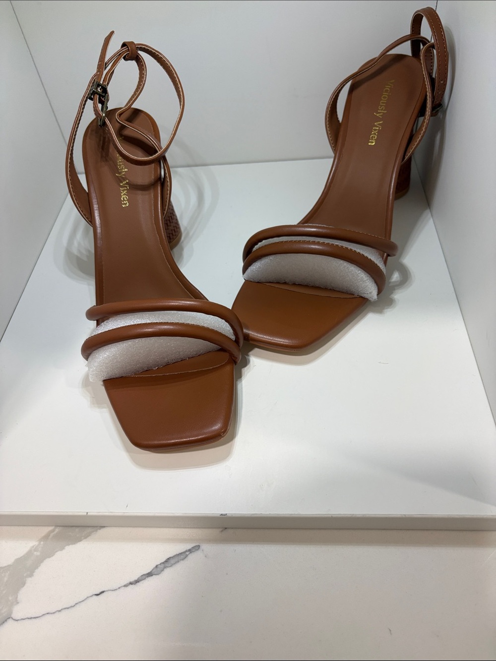 Minimal Brown Leather Ankle-Strap Block Heels
